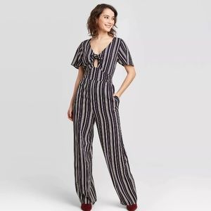 Navy Striped Short Sleeve Tie-Front Jumpsuit